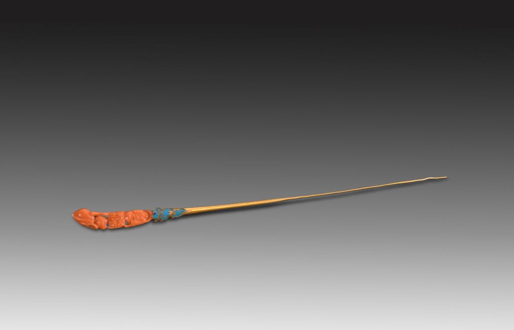 图片[1]-Gold inlaid coral peach bat double happiness hairpin-China Archive